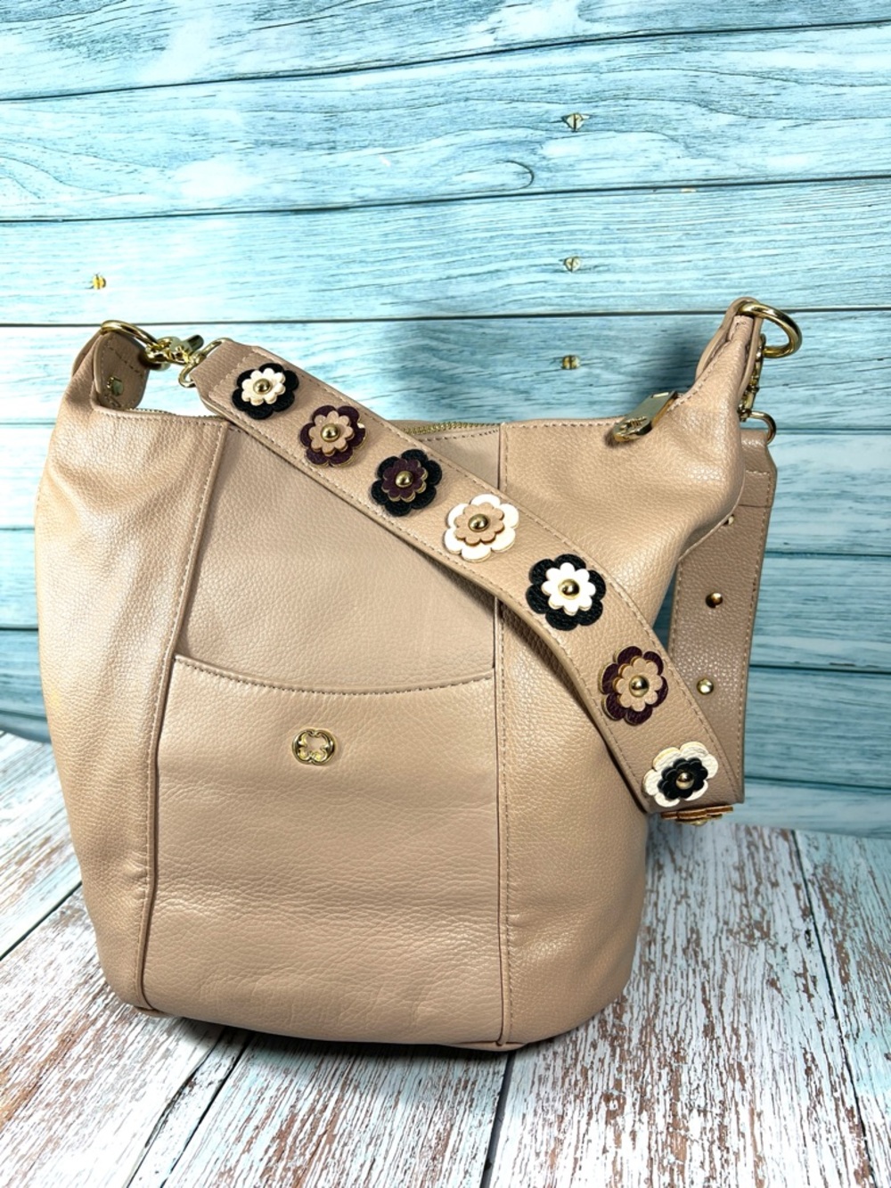 🦊 EMMA FOX PEBBLED LEATHER SHOULDER BAG WITH FLORAL STRAP BEIGE TAUPE